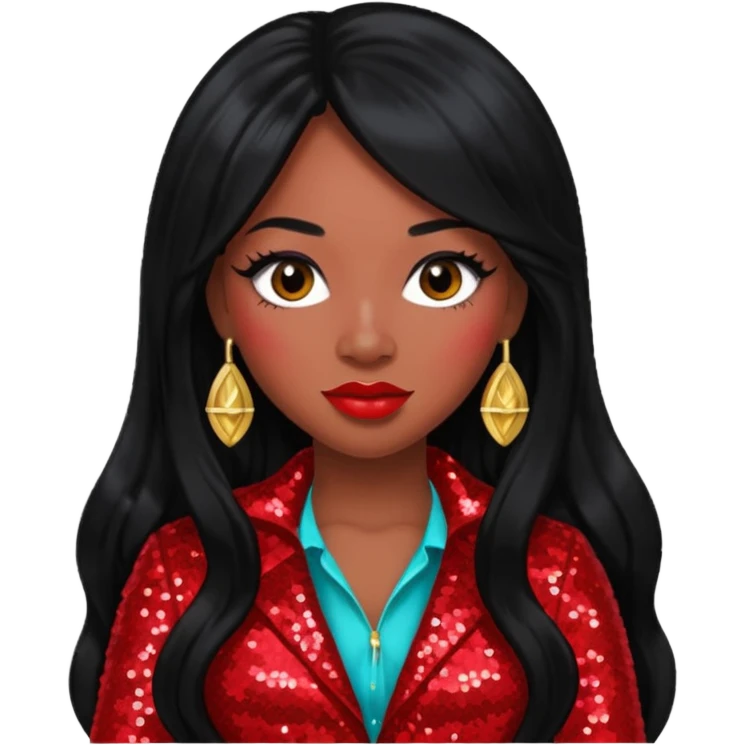 Tiffany Pollard with long black hair, red sequin outfit emoji