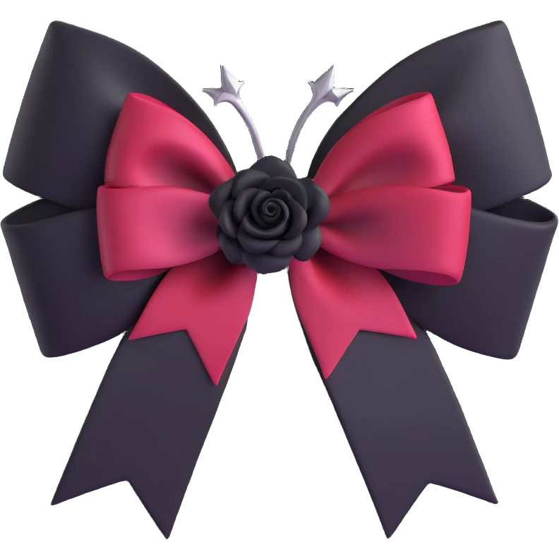 3D emoji gothic bow, dark crimson satin, black rose center, and silver thorn accents emoji