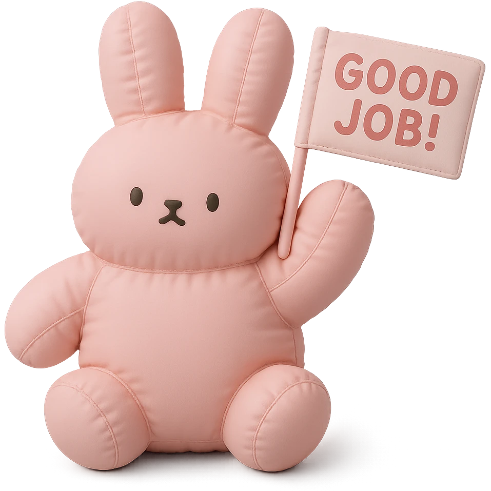 baby pink bunny waving a "Good Job!" flag, cushion style emoji