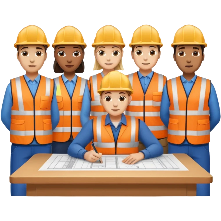 group of railway engineers behind a table emoji