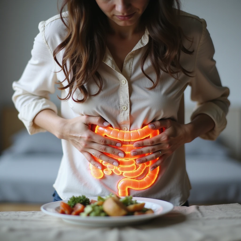 adult woman, photorealistic, on diet for intestinal problems, hands pressing abdomen, face contracted in pain, light food plate in front, intestines highlighted in transparency, natural light, home background emoji