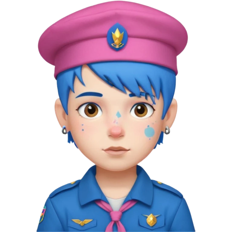 scout boy with very pink scout uniform, blue haired and hat, tattoed emoji