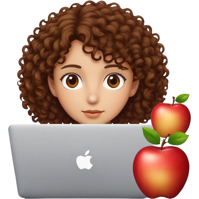person with brown eyes and short-medium brown curly hair peeking over an Apple laptop emoji