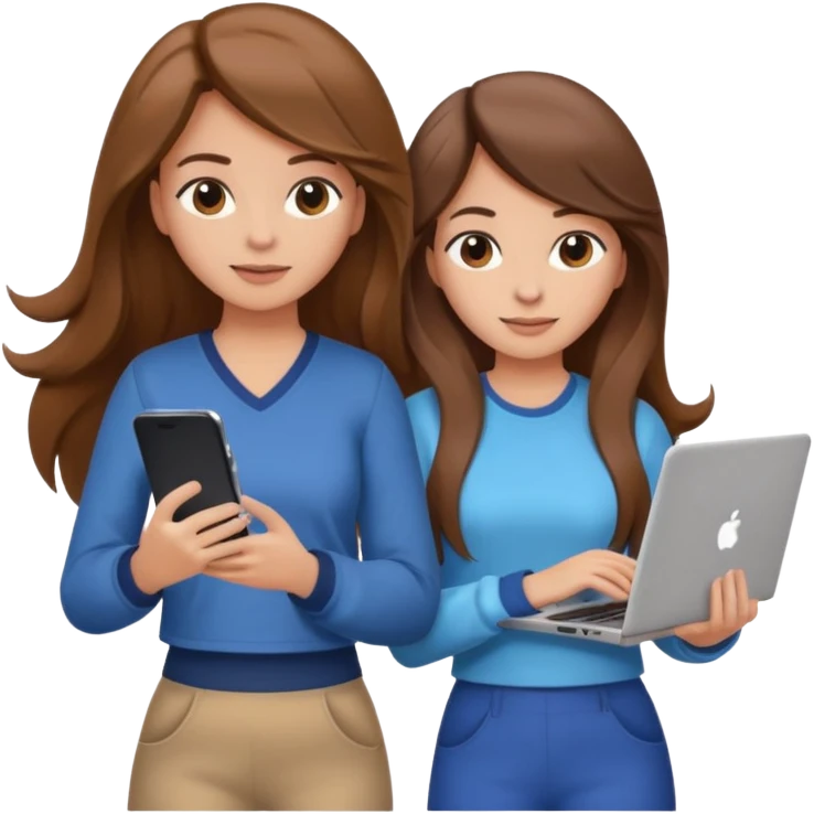 two brown haired girls, looking professional maybe leaned back on back and looking forward and using phones, with longer hair and with some cute clothes without ties, blowout hair, one girl can hold lap top athoer one can hold the phone emoji