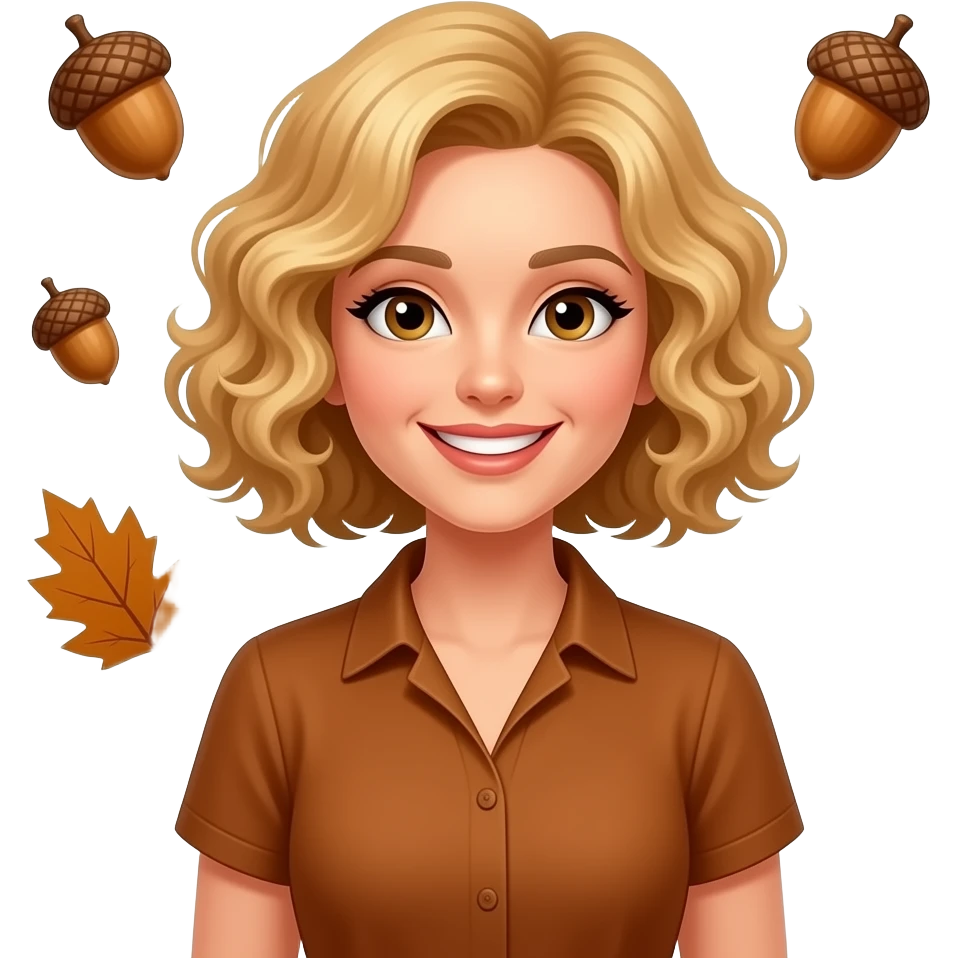 blonde tight curly hair in a short bob Happy Thanksgiving with acorns and brown and red leaves around in a short sleeve brown blouse emoji
