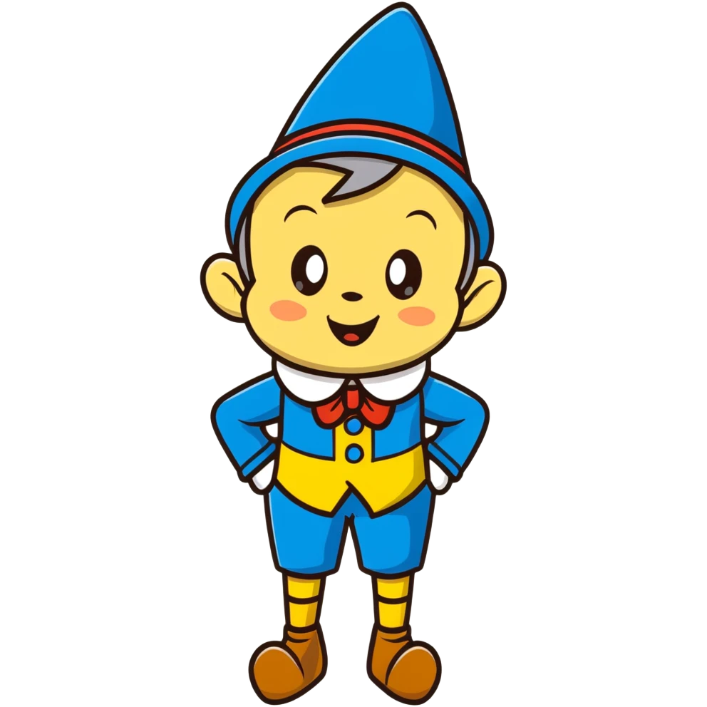 Cartoon Pinocchio puppet with growing long nose, blue outfit and pointed hat emoji