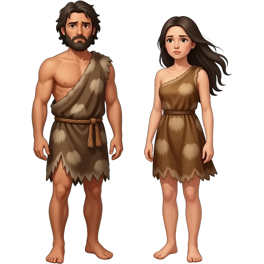 Adam and Eve in a desolate land wearing animal skins for clothing and look worn and tired emoji