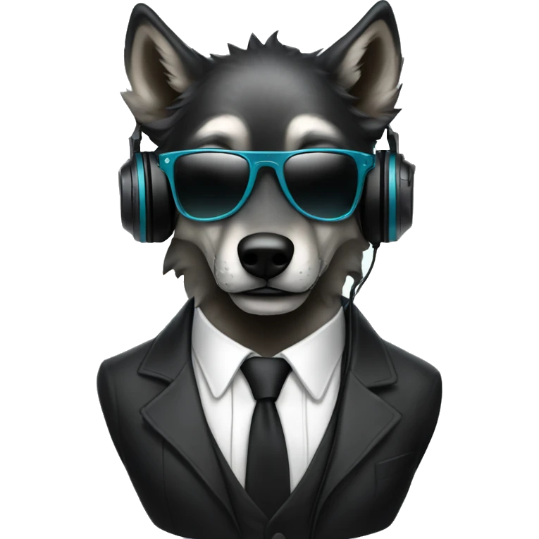 A beautiful cyberpunk Wolf black tie wearing sunglass and headphones emoji