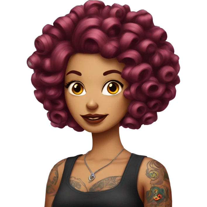 Beautiful tattooed  burgundy long haired woman with curlers in her hair emoji