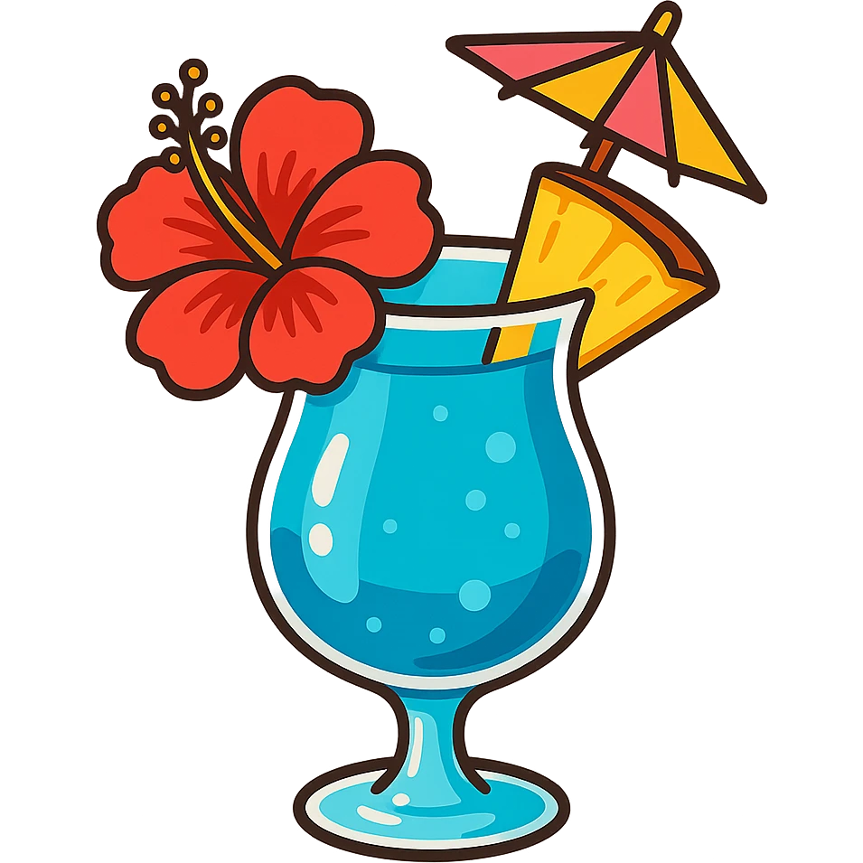 blue tropical cocktail with hibiscus, pineapple, and paper umbrella garnishes, vibrant flat toon style emoji