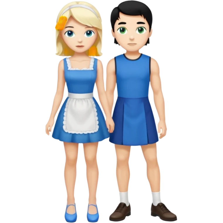 King, black hair, body, legst, blue eyes, blue garmont,  shoes, blonde maid, green eyes, sexy short sleveless White dress, shoes emoji
