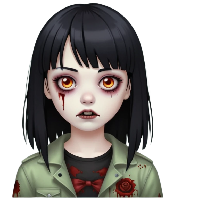 uma menina zumbi com cabelo preto e liso e uma franja. ela tem um estilo meio emo emoji