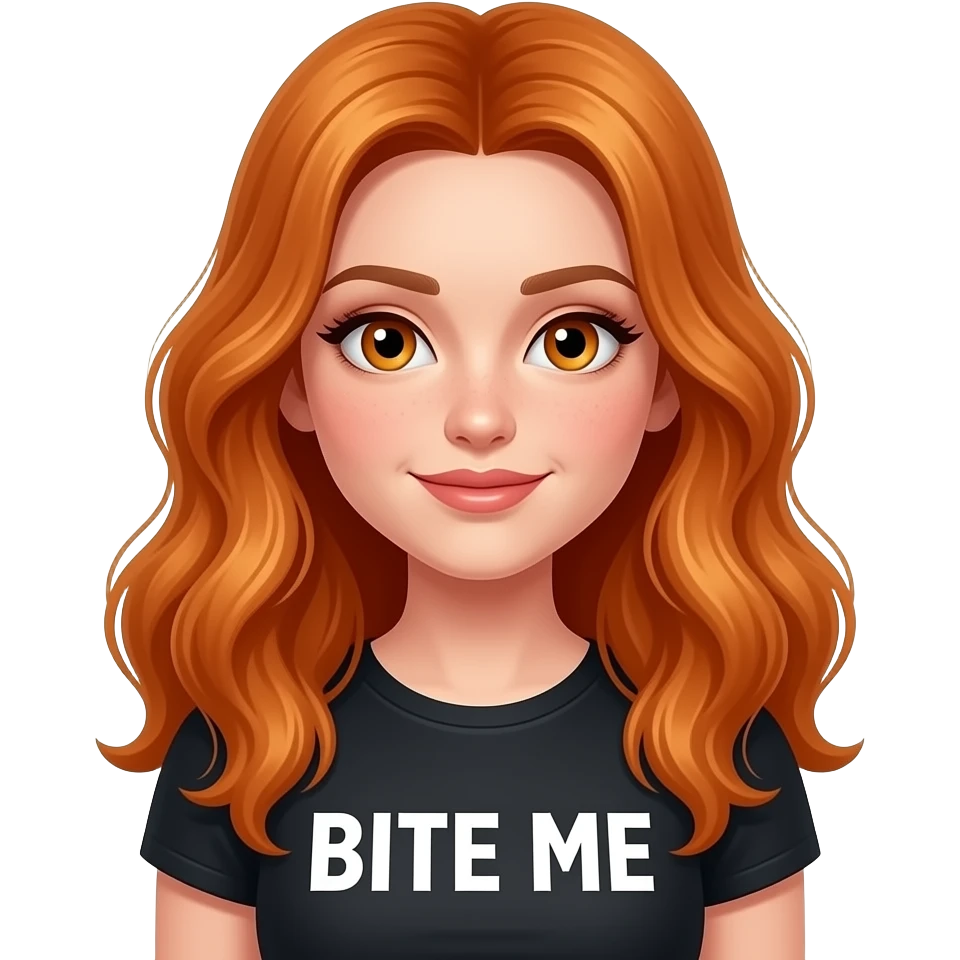 sexy girl with long ginger hair and ginger eyes a top with BITE ME written on it emoji