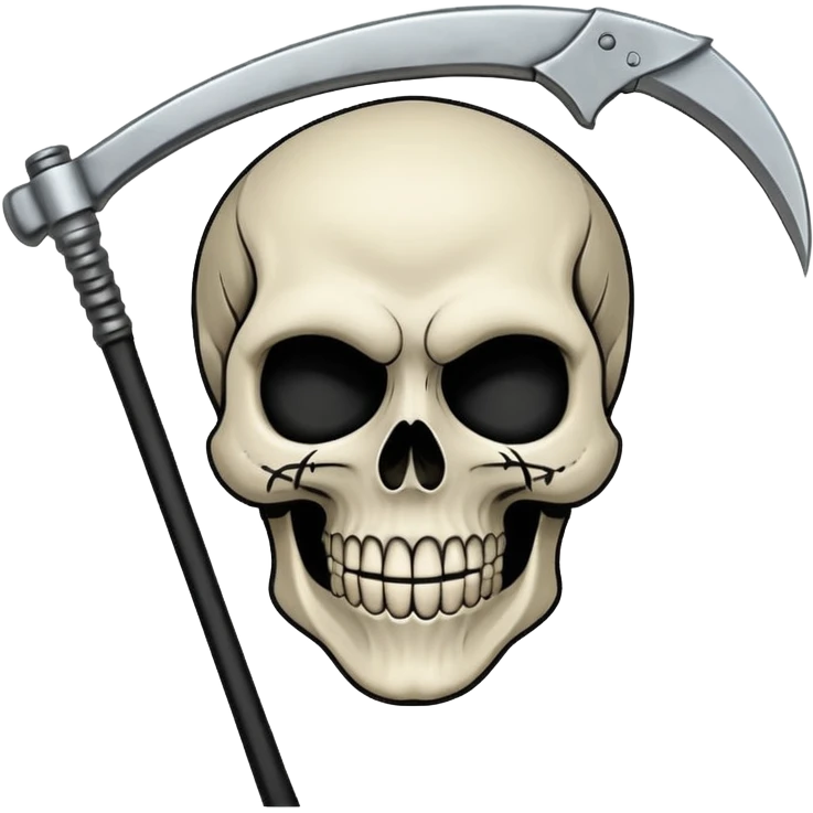 A laughing skull with a scythe crossed behind it, one eye socket winking. Clean, stylized lines, flat vector. Medieval woodcut style. Black and white with one accent color (tarnished silver). No background. emoji
