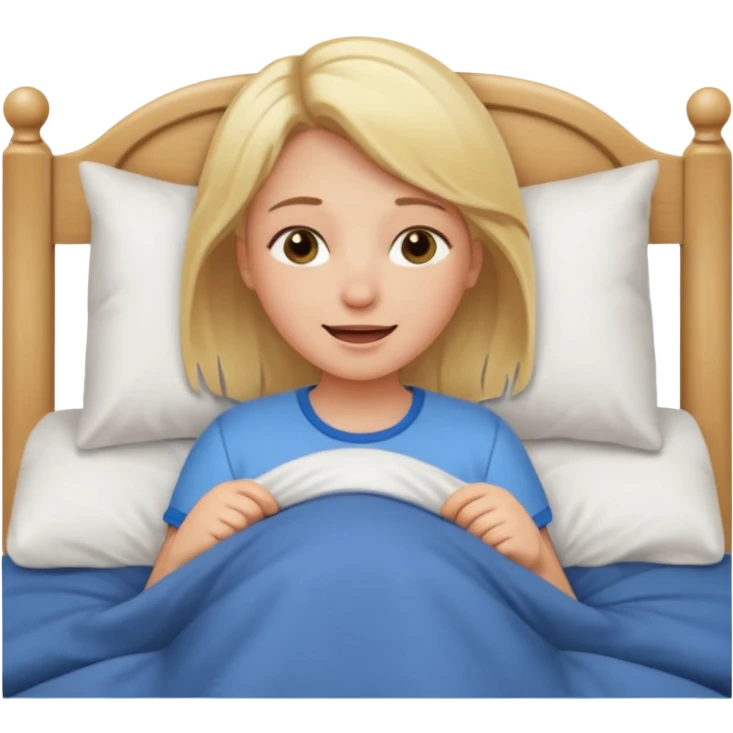 Blondt hår, trøtt i senga, jente, veldig blid emoji