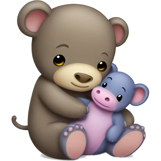 brown teddy bear hugging a baby hippo emoji