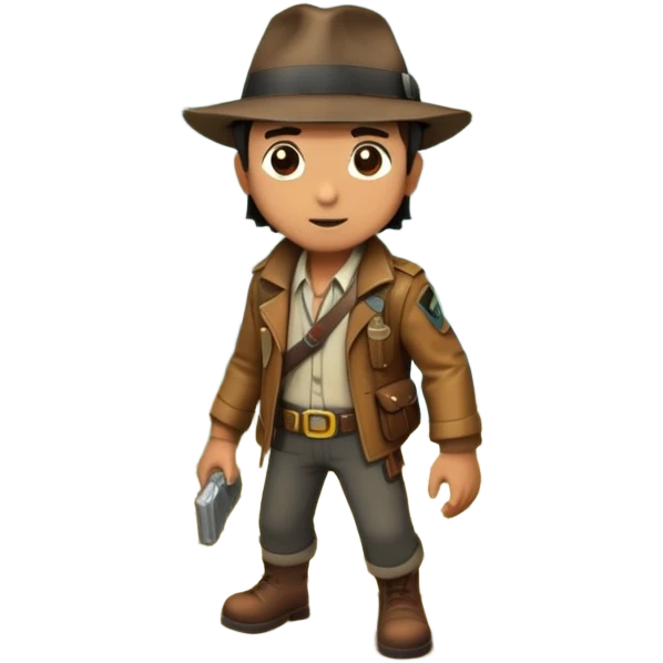 an adventure game, inspired by Uncharted-2. The design features a rugged explorer navigating through ancient ruins, with treasure and obstacles in the background. A dynamic environment with jungle, cliffs, and puzzles highlights the thrill of discovery and action. Transparent background. emoji