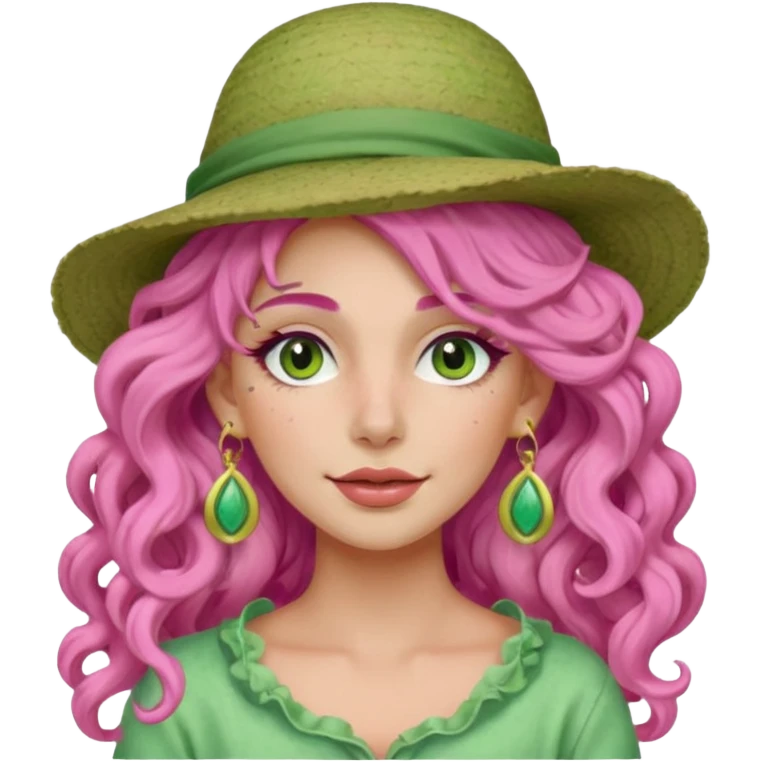 pink haired very long curly haired woman with full face light green clay mask  and big earrings and hat emoji