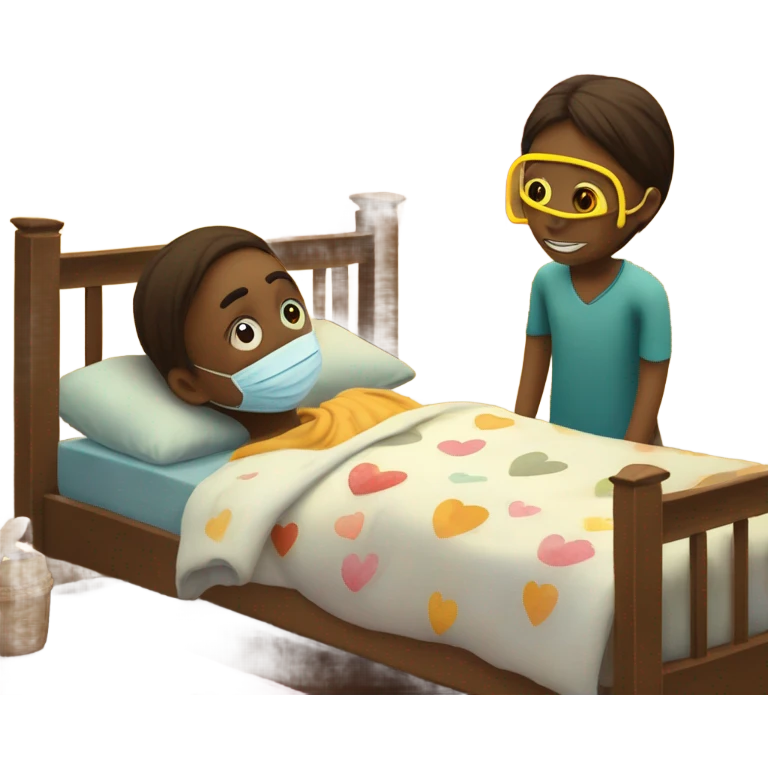 Two children, sick, each in their own bed, wearing masks, one Boy, one girl,, at home, get well soon sign with yellow heart emoji