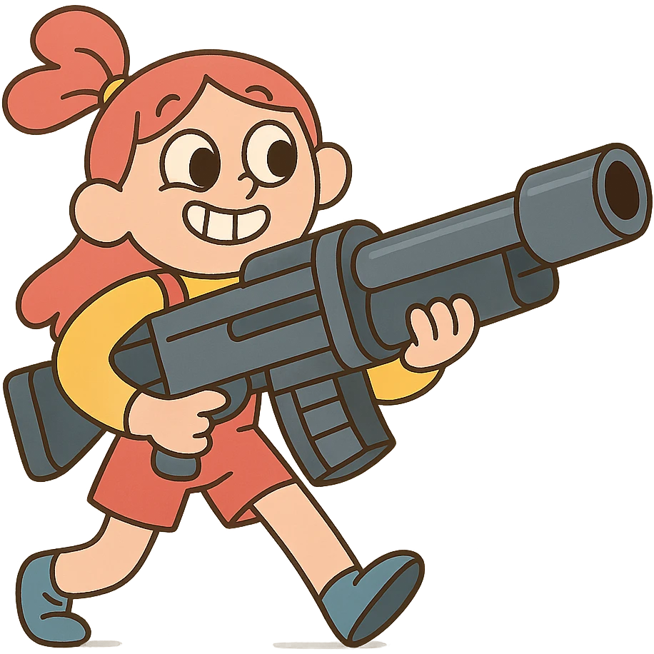 funny, positive stalker girl named Businka with a huge machine gun emoji