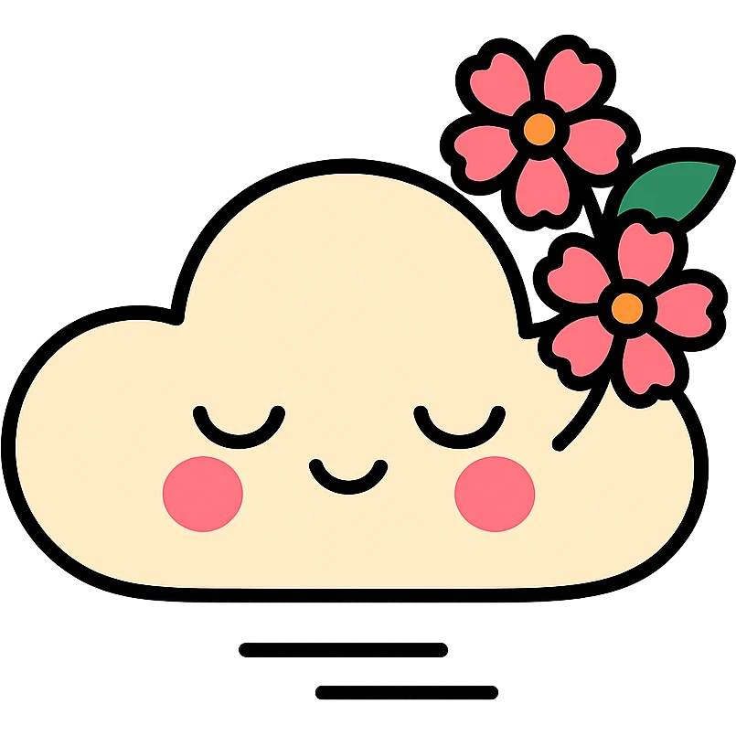 feminine adult vanilla cloud doe with rosy cheeks and cherry flowers, floating gracefully, minimalist style, brand identity, social media emoji