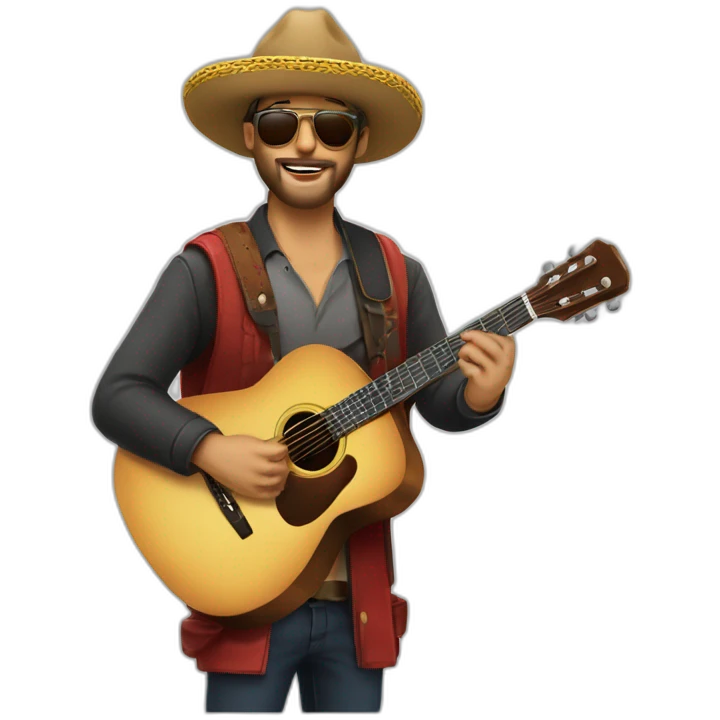 Cantautor con sombrero barba gafas y guitarras emoji