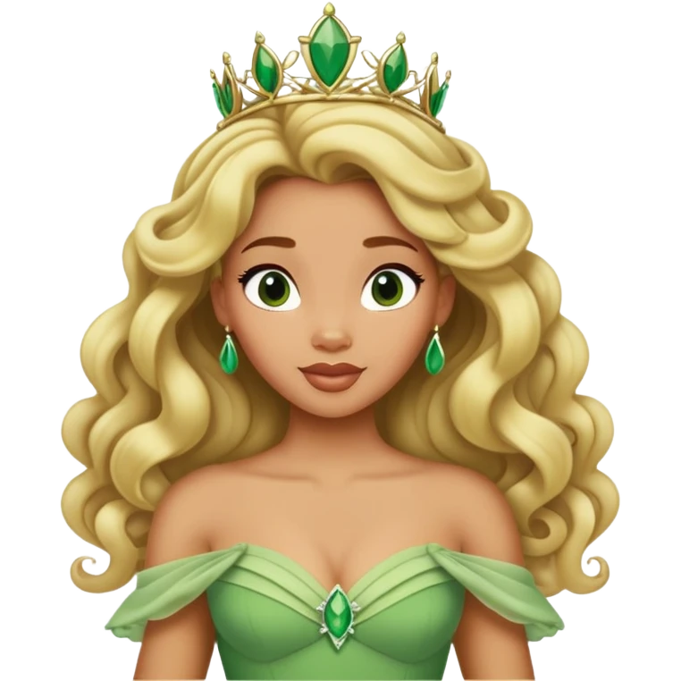 Disney Princess Tiana with extremely long blonde curly hair, green dress emoji
