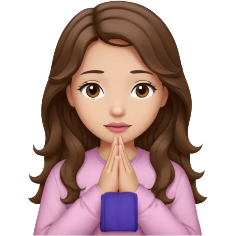 girl with wavy long brown hair, brown eyes, light to medium complexion, long lashes, light pink lipstick, praying, wearing light pink shirt emoji