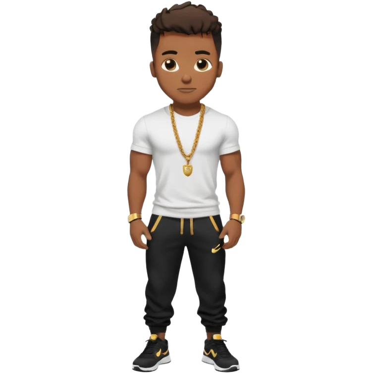Handsome Black guy with brown skin tone, with muscular build, wearing black sweatpants, a white t-shirt, black Nike air max, a small gold rope chain, and a gold watch  emoji