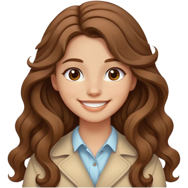Girl with long brown wavy hair, beige skin, with smile and aesthetic clothes emoji