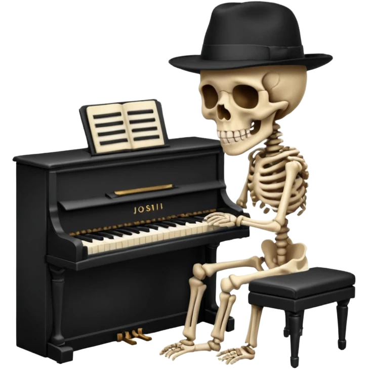 A human skeleton wears a black hat and plays the piano. emoji