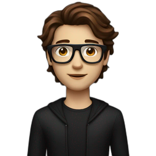 A 19 year old guy, with stylish brown hair, wearing futuristic spatial computing glasses, in a black outfit with dark red accents emoji