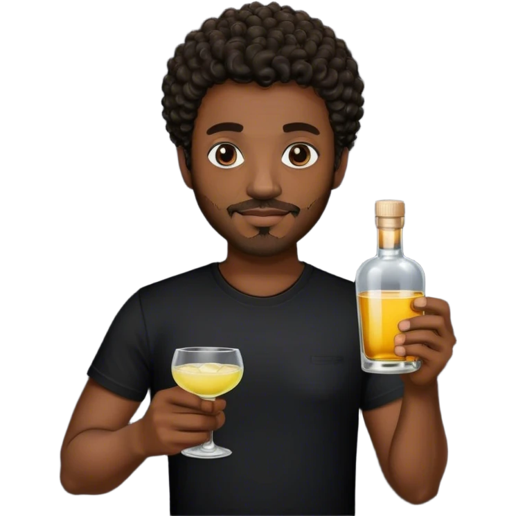 dark black guy, short curly hair, facial hair, holding tequila, black shirt  emoji