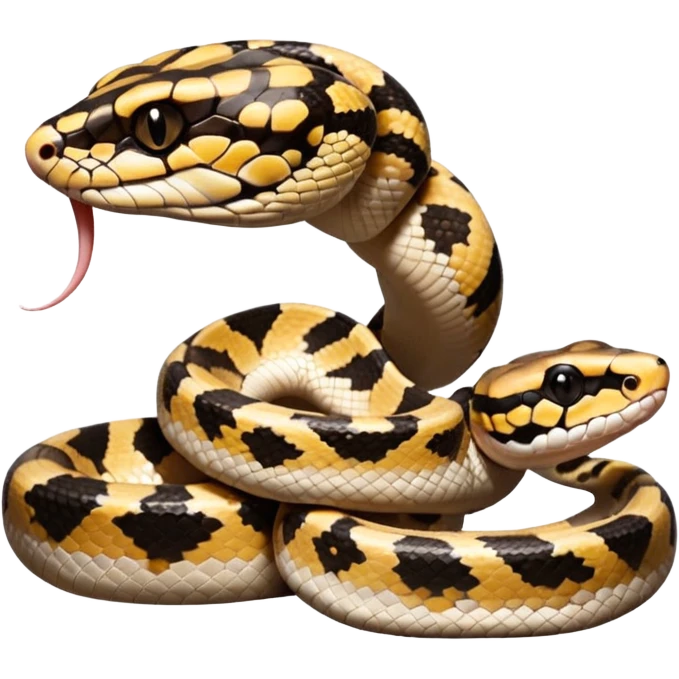 A close-up 3/4 view of the Ball Python with the front half raised slightly in an S-shape and its tongue flicking out. The head is angled curiously toward the viewer, showing both personality and motion. emoji