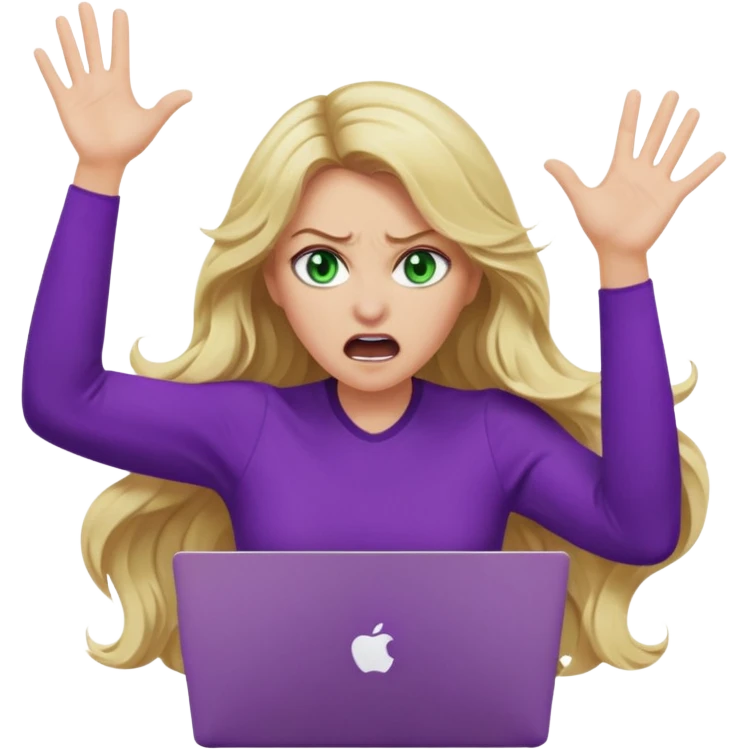 lady with long wavy blonde hair, purple top, green eyes, throwing her with a purple mac laptop hands in the air screaming, looking angry emoji