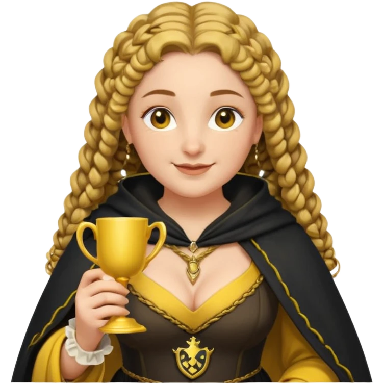 Helga Hufflepuff, 2 curly thick brown braids, yellow-black medieval dress, black cloak decorated with gold braiding, tiny two-handled shiny yellow-gold cup, very kind smile, curvy busty sweet woman, thick rosy cheeks emoji