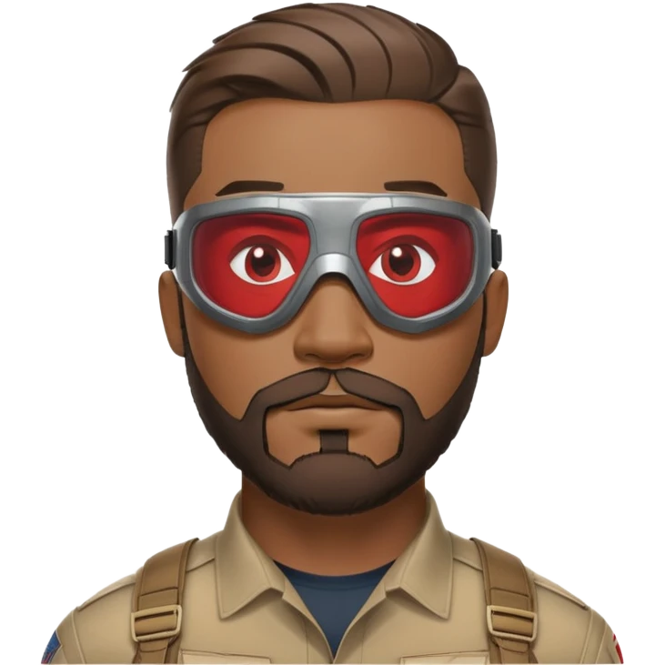 sam wilson with a close to the scalp hair  and  a well-groomed beard that connects to his mustache,  wear sleek, red-tinted tactical goggles fit snugly from captain america: civil war emoji