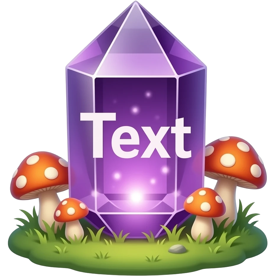 A texts 'Text' carved out, transparent Amethyst crystal, internal glowing magical light, surrounded by soft glowing mushrooms, magical realism style, detailed, 3D, shimmering particles, fantasy illustration emoji