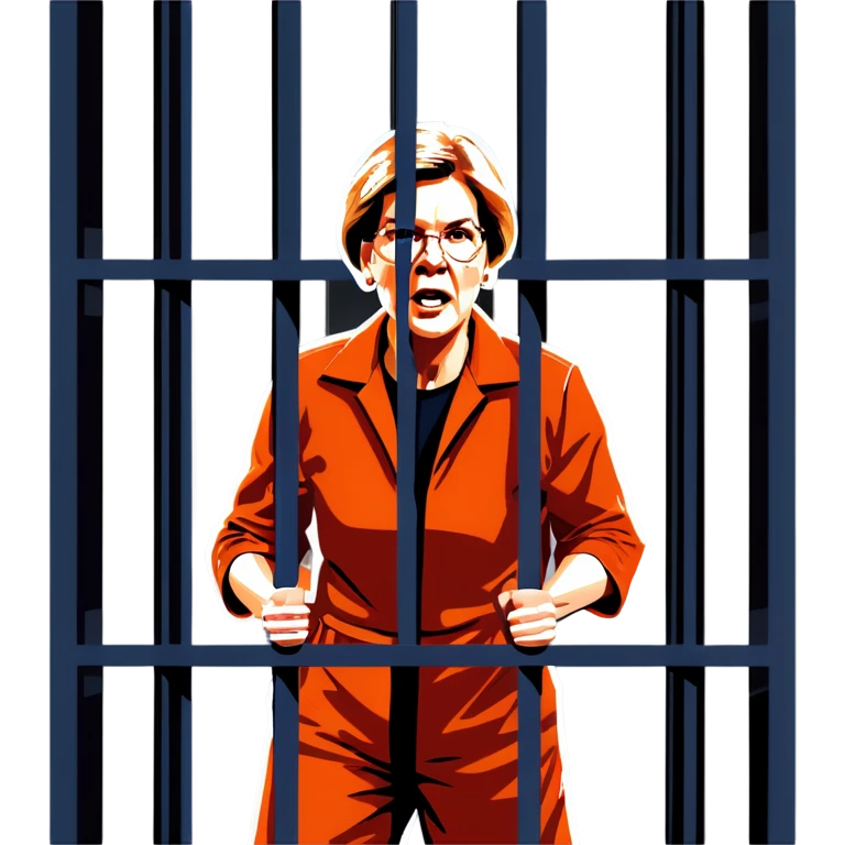Make a picture of Senator Elizabeth Warren wearing an orange jumpsuit and behind bars make her look worried but only about herself emoji