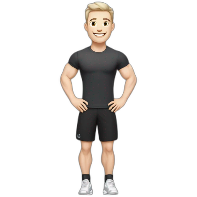 Joyful Celebrating victory Pale skinned Fit Man With the biceps and dark brown hair in black shirt, gray sports shorts and white Sneakers emoji