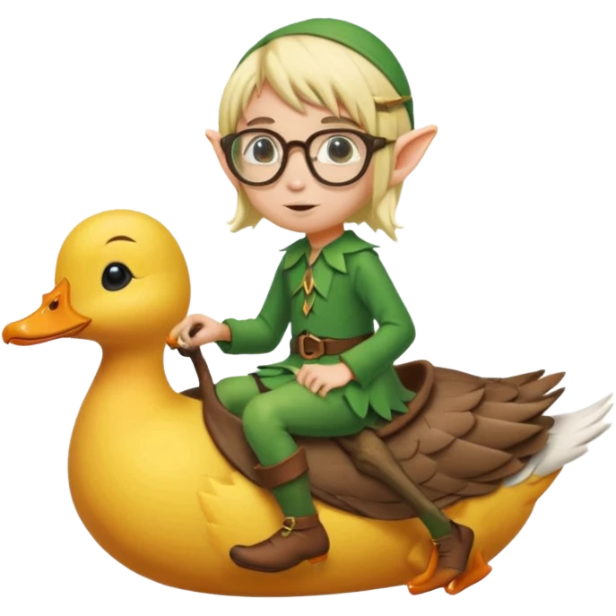 tiny forest elf blode hair with round glasses riding a wild duck emoji
