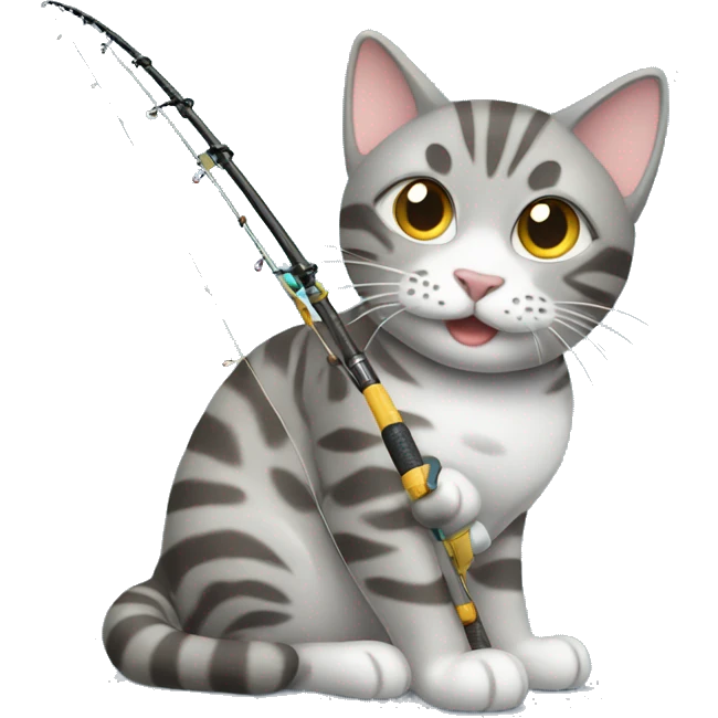 Gray Tabby cat playing with fishing pole  emoji