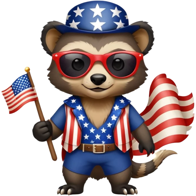 friendly anthropomorphised honey badger in patriotic USA Independence Day outfit with stars and stripes, wearing sunglasses emoji