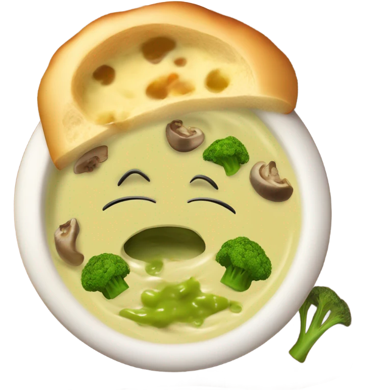 Broccoli cheddar soup with mushrooms in bread bowl  emoji