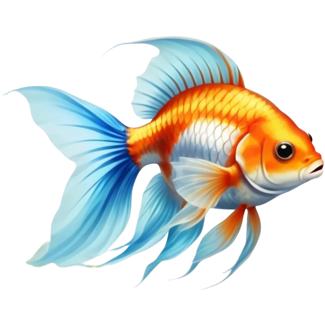 Large aquarium fish like veil tails and lionhead goldfish swimming gracefully in a beautifully decorated aquarium. Colorful aquatic plants, smooth rocks, and gentle bubbles surround the fish. The water shimmers in sunlight, creating a peaceful and vibrant underwater scene. Transparent background. emoji