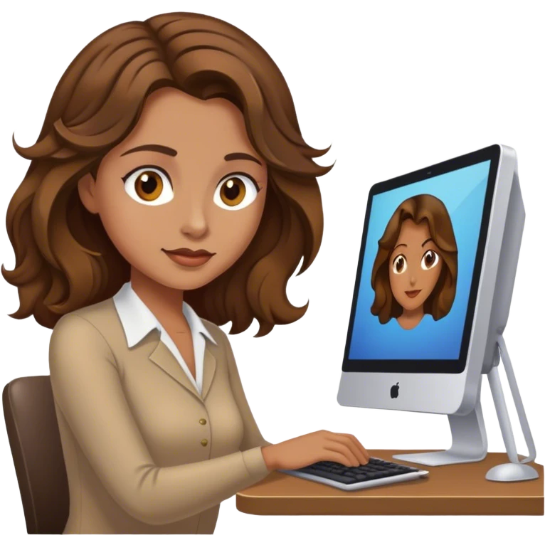 Closeup woman at computer with medium wavy brown hair and hazel eyes  emoji