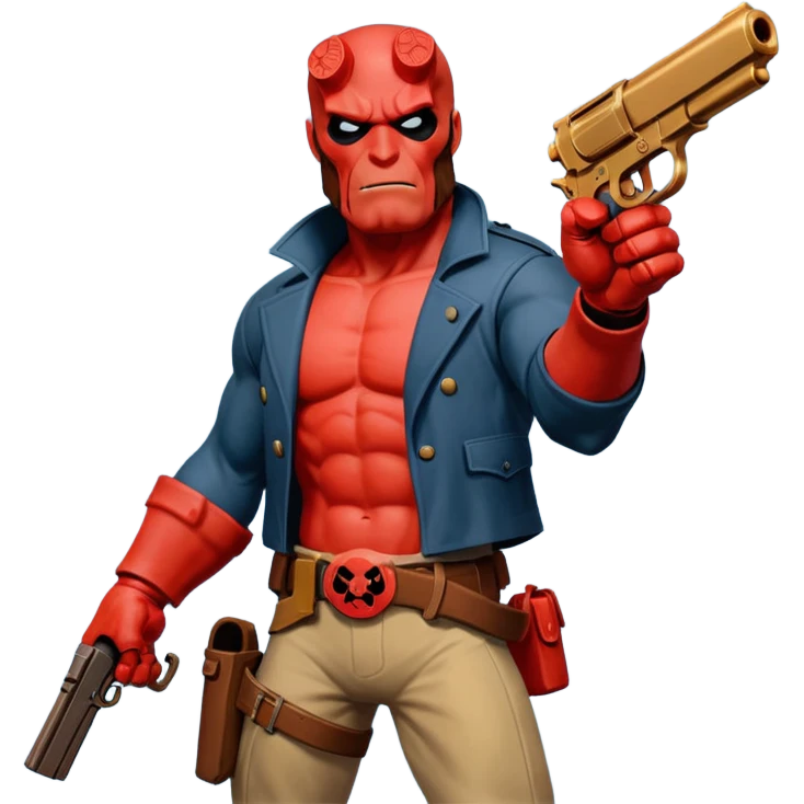 cinematic realistic superhero Hellboy by Mike Mignola jumps with a bronze pistol emoji