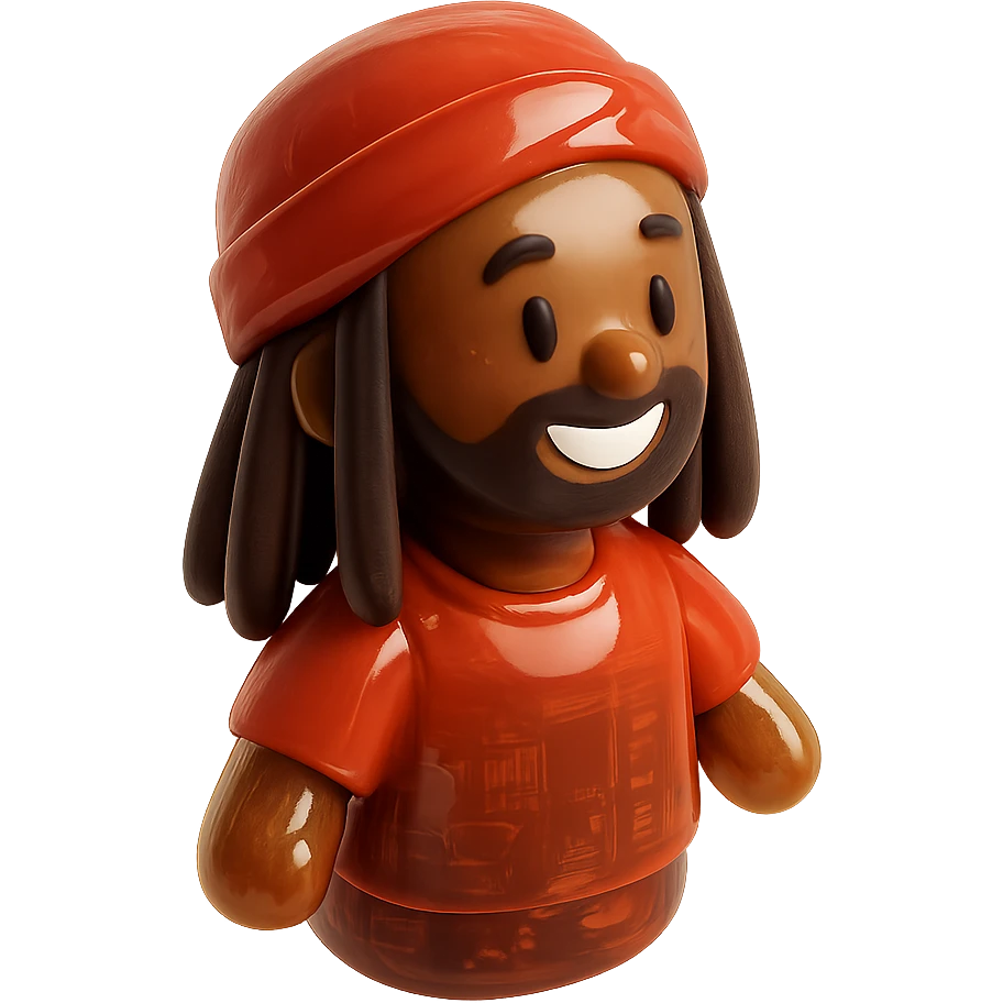 Brownskin man with long brown dreadlocks 
red t-shirt 
red turban 
expression is happy emoji