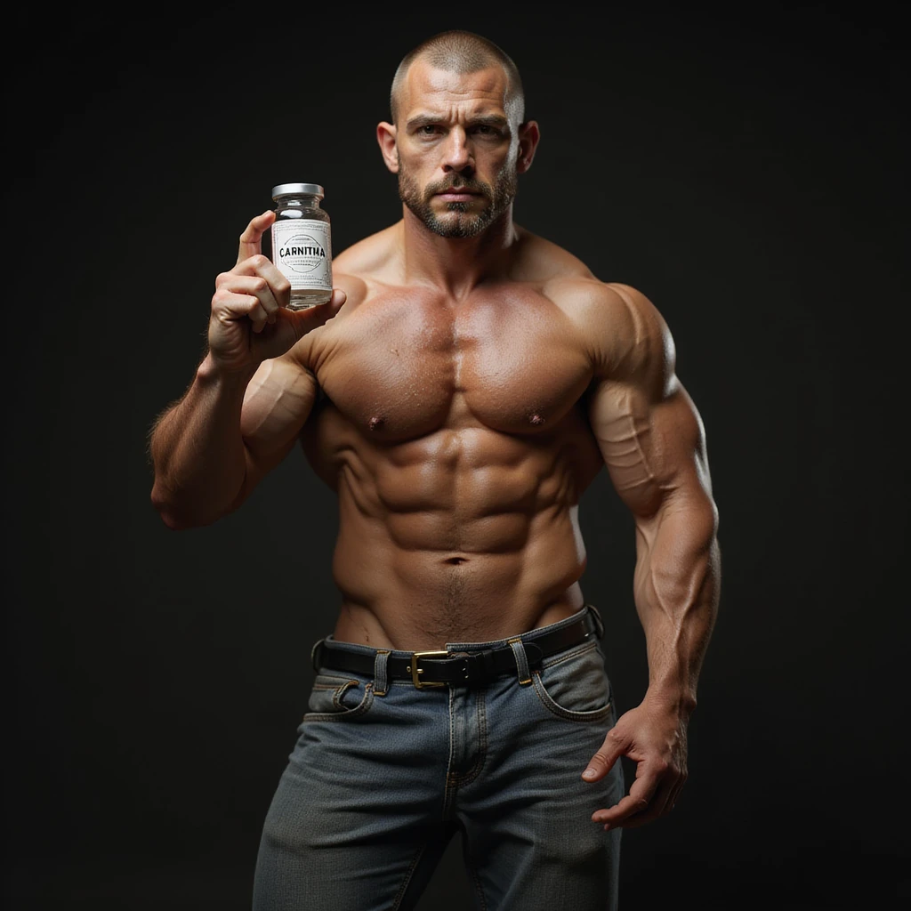 realistic bodybuilder in competition pose holding a vial with 'CARNITINA' label, 4k quality emoji