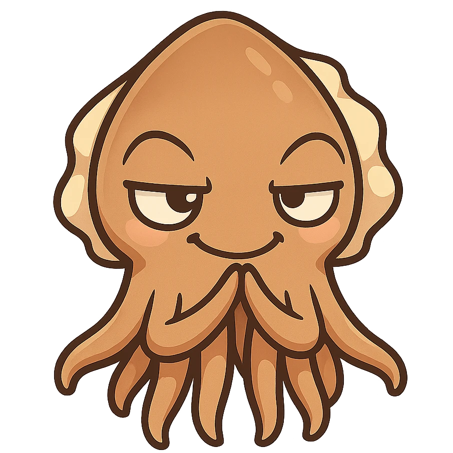 cartoon cuttlefish with tentacles steepled like fingers, looking smug and mischievous emoji